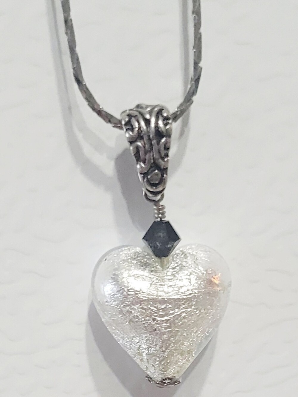 Silver Foil Glass Heart Pendant Necklace Black Bead